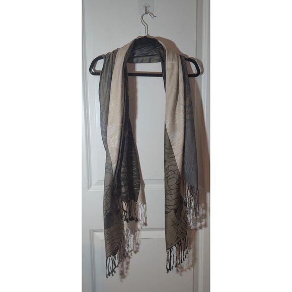 Reversible Floral Rose Pashmina Scarf Shawl Wrap Fringe Black Beige Gray - Picture 2 of 3